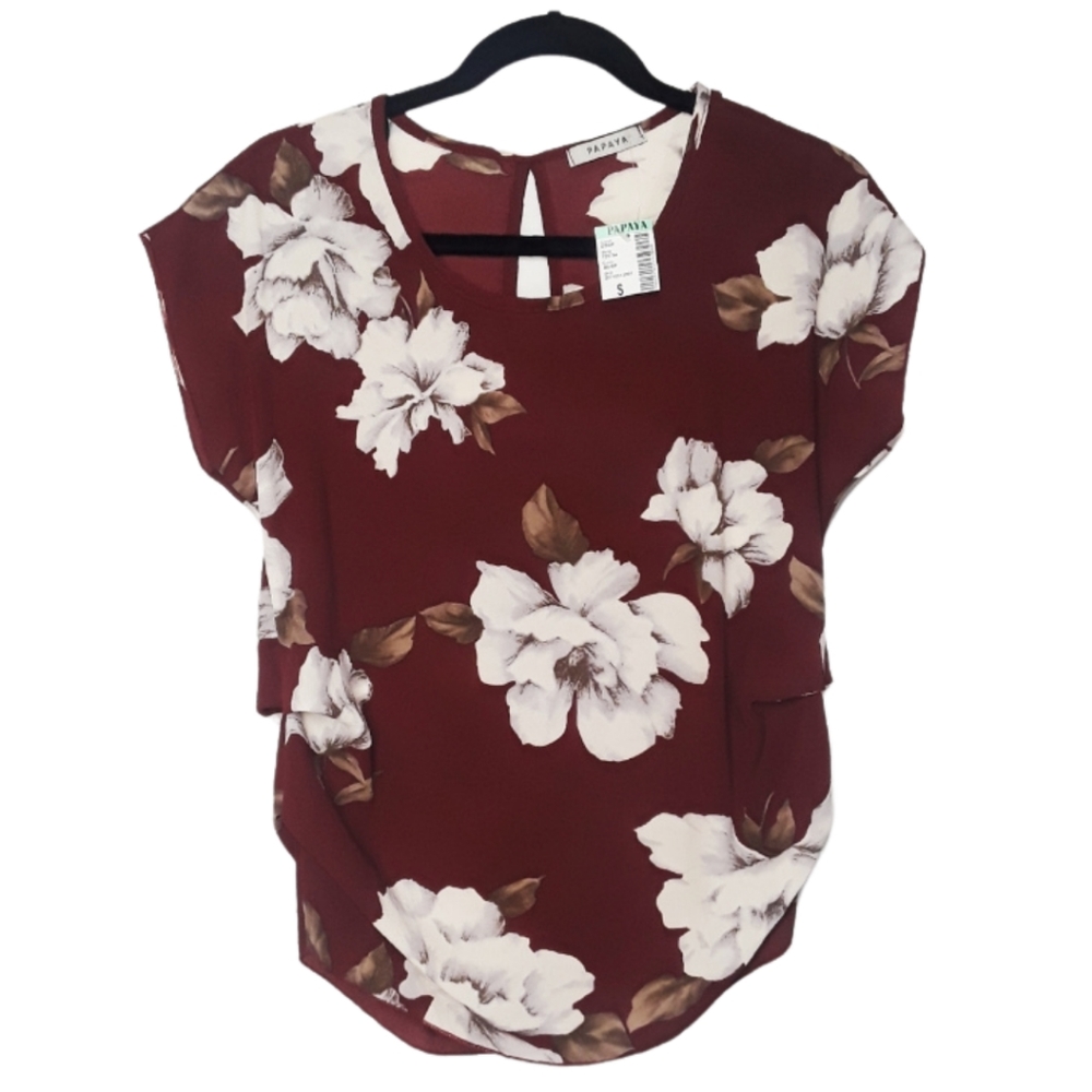 PAPAYA Burgundy White Floral Print Short Sleeve Side Ruching Top Small NWT